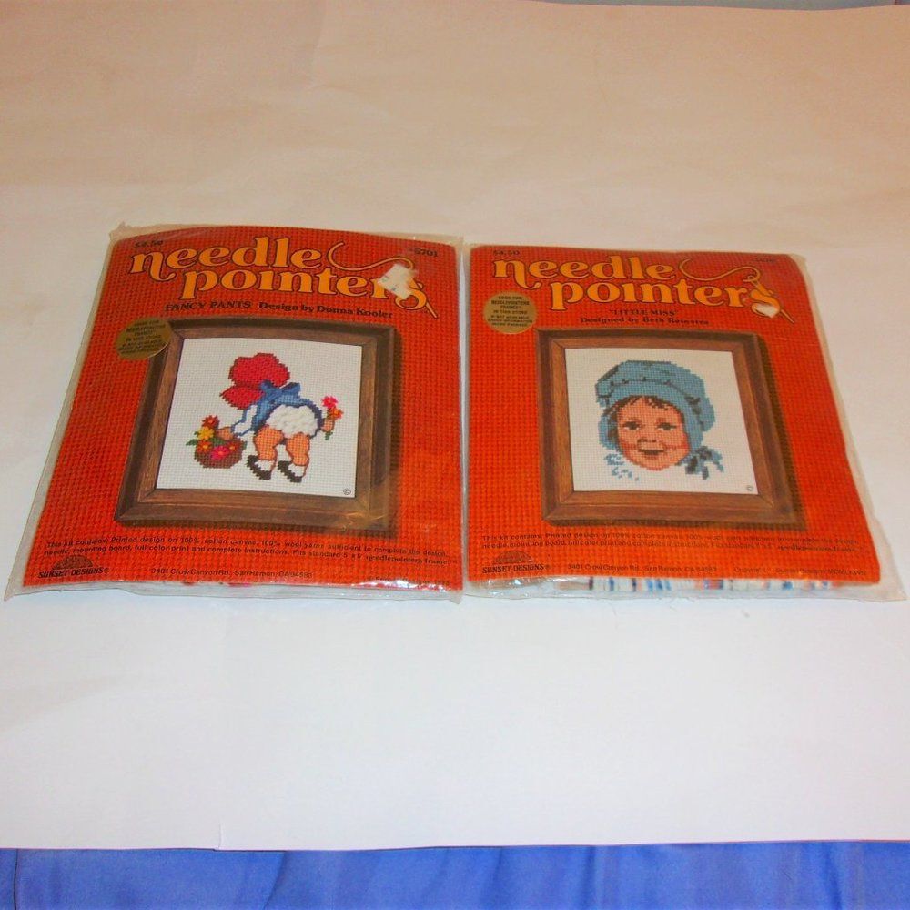 Vintage 1978 Sunset Needlepoint Kit Fancy Pants & Little Miss Set of Two Kits